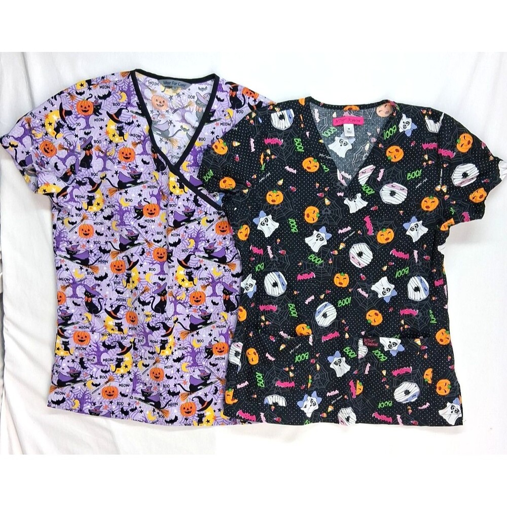 2 Halloween Scrub Tops Black Purple Women Med 1 Betsey Johnson 1 Wear For Care